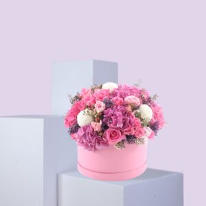 A round, pink hat box filled with a large arrangement of pink and white flowers. The flowers include pink roses, white hydrangeas, and other pink and white blooms. The box is sitting on a white platform against a light pink background.