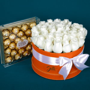 Box of Pure White Roses and Ferrero Rocher Chocolates