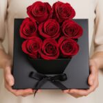Red Roses in Black Cube Box