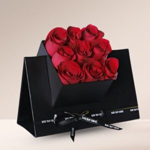 Red Roses in Black Cube Box