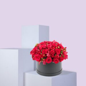 A round, black hat box filled with a large arrangement of red roses. The roses are densely packed together and create a dome shape. The box is sitting on a white platform against a light pink background.