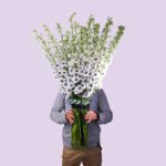 A man holding a giant bouquet of white delphinium flowers, which cover his face.