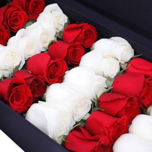 Red & White Roses in Black Box