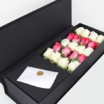 White & Deep Purple Roses in Black Box