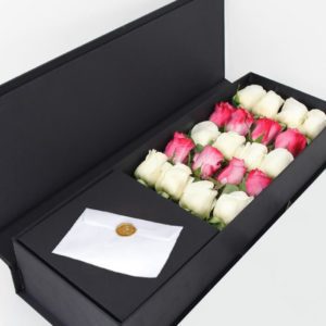 White & Deep Purple Roses in Black Box