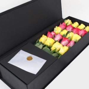 Yellow & Deep Purple Roses in Black Box